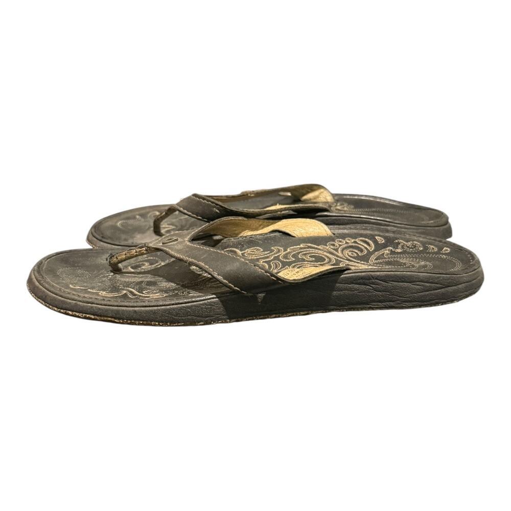 OluKai Panolo W Leather Flip Flop Sandals Women’s Size 9 Black Comfort Thong - Picture 7 of 10